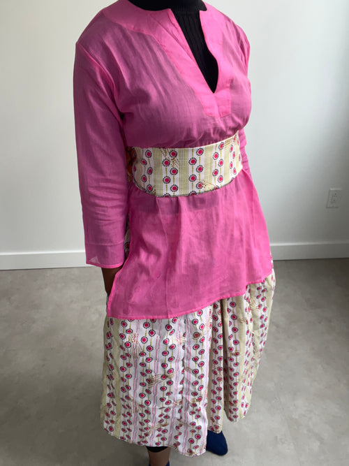 Boho Pink Tunic w/ Patchwork Midi Skirt (Scarf Included)