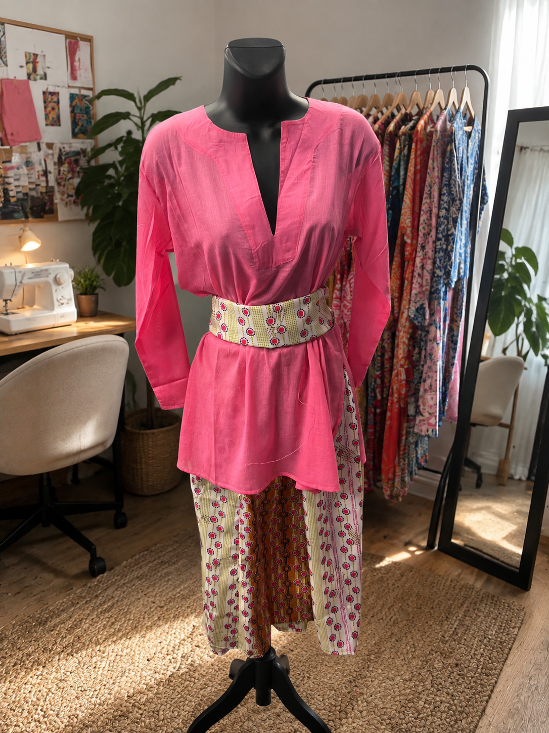 Boho Pink Tunic w/ Patchwork Midi Skirt (Scarf Included)